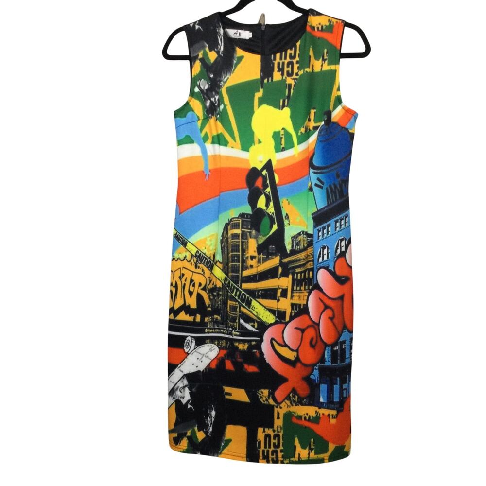 A1 Studios All Over Multicolor City Graphic Bodycon Streetwear Dress Junior XL